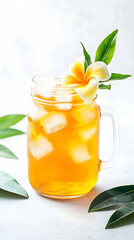 Iced tea in mason jar with plumeria flower garnish, refreshing summer drink, bright background, perfect for beverage menu or food blog.