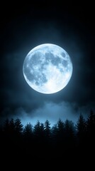 A full moon in the night sky with trees in the foreground