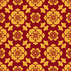 Chinese porcelain seamless pattern. Traditional Asian background. Oriental red and gold tone design. Vector design for woven, wallpaper, background, wrapping paper, backdrop, fabric and textile.