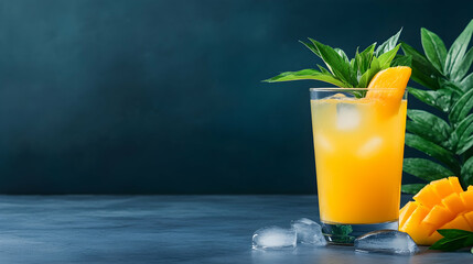 Refreshing mango cocktail on dark background, perfect for summer menus or beverage websites.