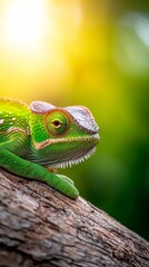 Naklejka premium A green chameleon sitting on top of a tree branch