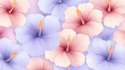 Obraz premium Pastel pink and purple hibiscus flowers background, perfect for spring or summer designs, websites, or greeting cards.