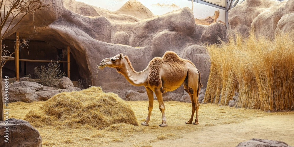 Poster a camel stands in a well-designed habitat resembling a desert environment. this image showcases the 