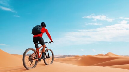 Fototapeta premium Adventurous Cyclist Exploring Vast Sandy Dunes Under Bright Blue Sky in the Desert Landscape