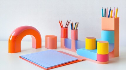 Obraz premium Colorful Geometric Desk Accessories for Creative Workspace