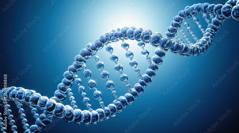Aufkleber 3d rendering of a dna double helix structure, composed of translucent, water-like spheres.