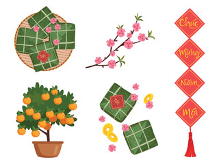 Set of stickers for celebrating Lunar Chinese New Year. Tết-Vietnamese New Year, Vietnamese Lunar New Year or Tet Holiday.