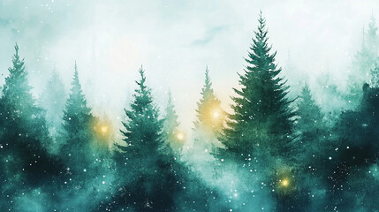 Misty Forest with Silhouetted Trees, Dynamic watercolor splashes in green and turquoise, representing a refreshing summer forest scene