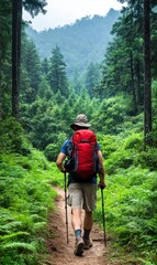 Obraz premium Hiker on a Trail Through a Lush Green Forest with Backpack and Walking Sticks in Nature Landscape