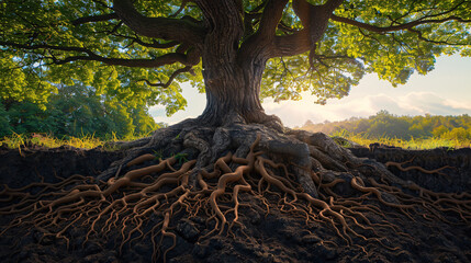Detailed close-up view of tree roots in a forest setting, with ample copy space image.