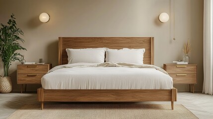 beige  walls, warm brown wooden bed frame, soft linen bedding in neutral tones, modern wooden nightstands with brass handles