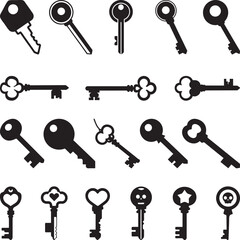 Set of black silhouettes of door keys. Key icon set. Vintage key antique door key isolated on white background illustration