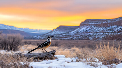 Bird perched on log at sunset, snowy desert landscape background, wildlife photography for nature documentaries or travel brochures.