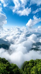 A view of a mountain range covered in clouds and trees