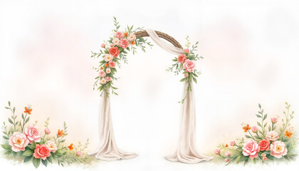 Fototapeta premium Elegant floral wedding arch with soft fabric draping and colorful roses for romantic designs