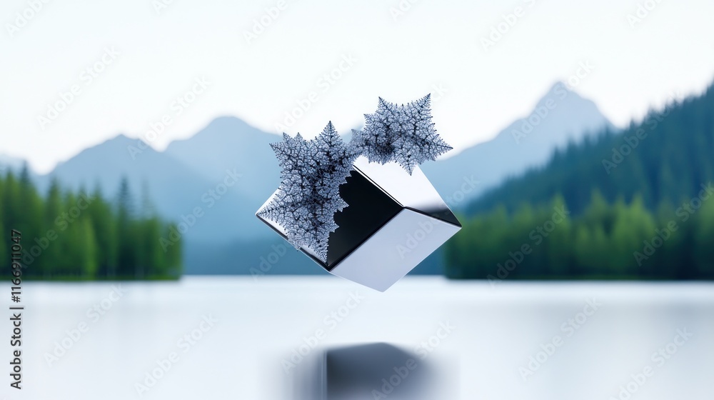 Poster a floating cube with intricate patterns against a serene landscape.