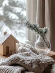 Cozy Winter House Scene with Glass Vase