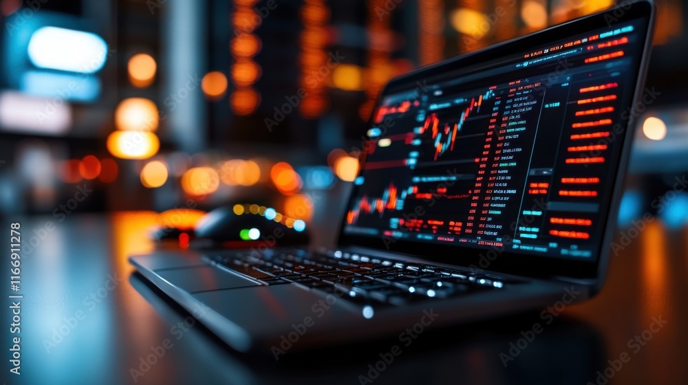Poster laptop with stock market data displayed on screen illuminated in dark environment with colorful ligh