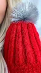 A close up of a woman wearing a red hat with a silver pom pom
