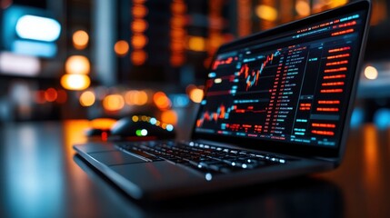 Laptop with Stock Market Data Displayed on Screen Illuminated in Dark Environment with Colorful Lights