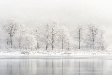 A serene winter landscape with snow-covered trees and a calm river.