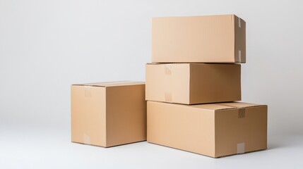 Stacked Brown Cardboard Boxes for Shipping and Moving on a Neutral Background in a Warehouse Environment
