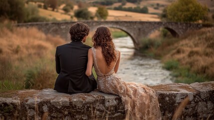 Romantic Valentine Evening Wall by River Young Couple Nature Rear View Embracing Love