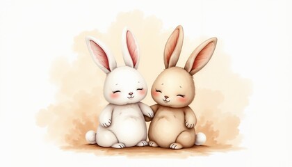 cute cartoon rabbits hugging each other with smiling expressions on light background