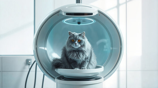 Technology of gruming, gruming salon, Fluffy cat in modern grooming dryer, innovative pet care technology, serene grooming environment