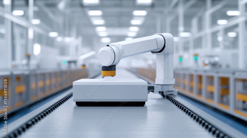 Poster robotic arm performing precision tasks on a manufacturing production line in modern factory environm