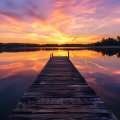 Serene Sunset Over Lake with Reflective Water and Wooden Pier, Silhouetted Trees on Horizon