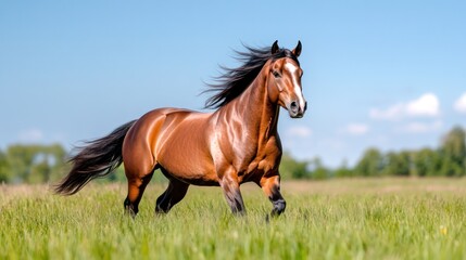 A majestic brown horse galloping through a vibrant green field.
