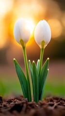 Two white flowers are growing out of the ground