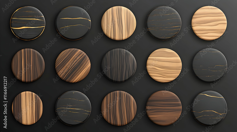 Poster round wood and marble textures on black background; design elements for website or app interface.