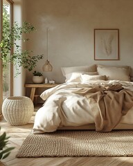  light beige bedspread with warm brown throw, natural wood flooring with soft area rug