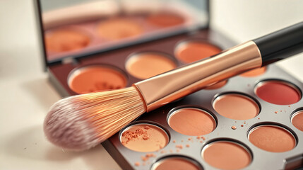 Bronzer brush stroke, Bronzer brush with palette, soft powder particles, beauty makeup application scene
