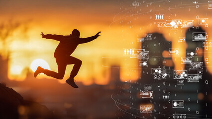 Human figure leaping to AI future, digital innovation and progress concept