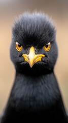 A close up of a black bird with yellow eyes