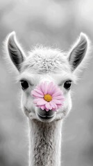 Obraz premium A white llama with a pink flower in its mouth