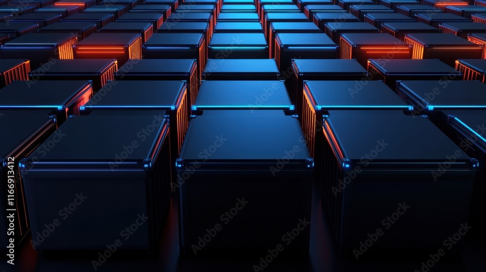 Aufkleber abstract 3d background with neon lights and dark cubes in a grid pattern for modern digital designs