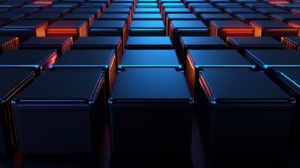 Obraz premium Abstract 3D Background with Neon Lights and Dark Cubes in a Grid Pattern for Modern Digital Designs