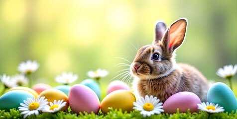 easter bunny and easter eggs,3d render holiday concept, Text Overlays, Design for greeting card