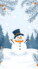Obraz premium Joyful snowman in winter wonderland, snowy forest background, Christmas card design.