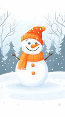 Obraz premium Happy snowman in winter landscape, snowy forest background; perfect for holiday cards.