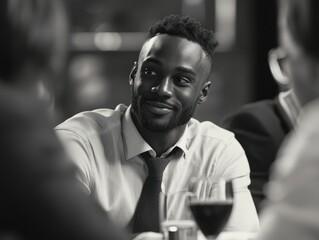 Obraz premium Professional African-American Male Smiling in Business Attire at Banquet