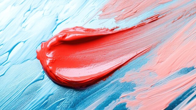 Vibrant Red Paint Stroke on a Textured Blue and Coral Background