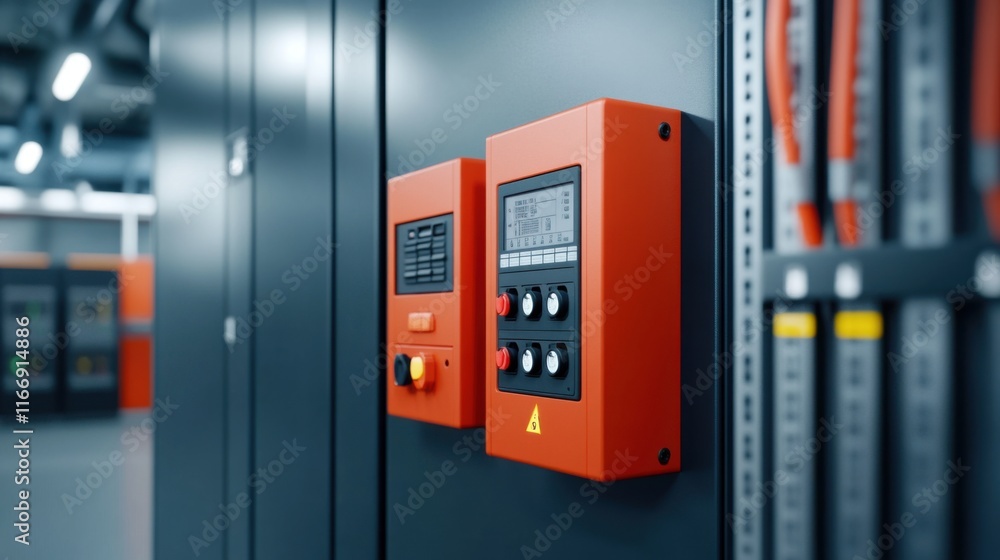 Poster modern control panel with red accents in industrial setting for technology and engineering concepts