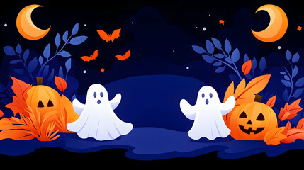 Two ghosts among pumpkins and autumn leaves at night, perfect for Halloween greeting cards or banners.