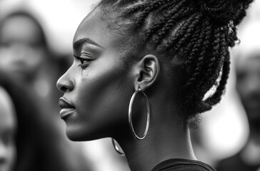 A young woman with braided hair and large hoop earrings stands in profile, lost in thought amid a crowd at an outdoor event. The black and white composition highlights her features.