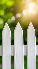 A white picket fence with the sun shining through it